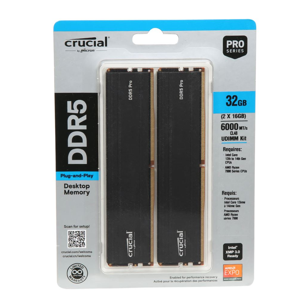 Crucial Pro 32GB Kit (16GBx2) DDR5 6000Mhz Black CP2K16G60C48U5 